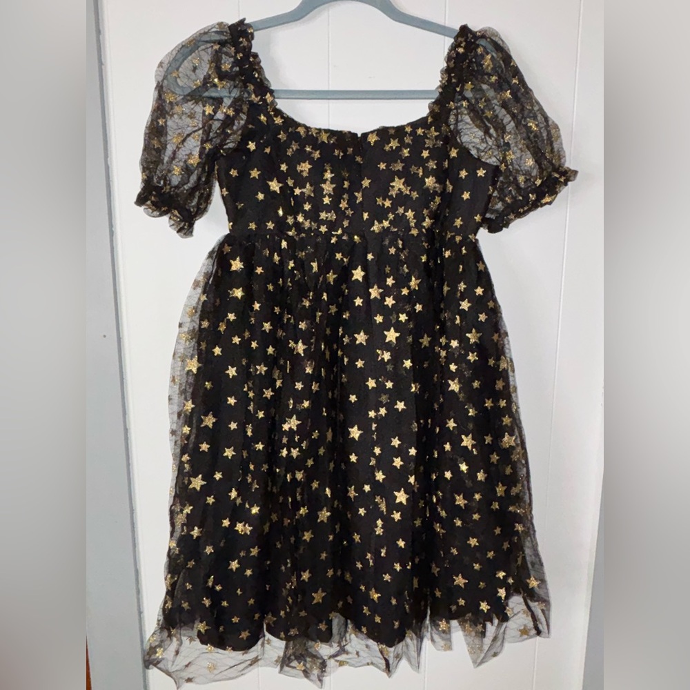 Unique Vintage Black Gold Star Mesh Babydoll Belle Dress M/6-8 NWT ✨ - Picture 2 of 14